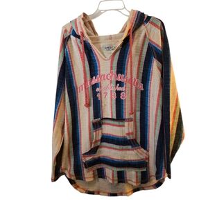 Mexican Blanket Baja Hoodie Pullover Poncho Boho Hippie Festival Drug Rug Surf L